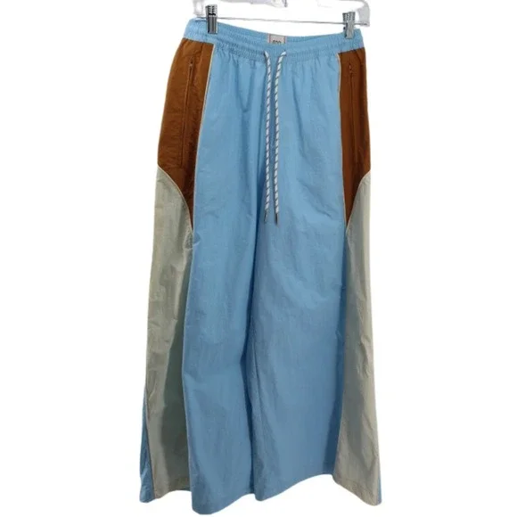 NEW BDG Adrienne Wide Leg Track Pants M Nylon Color Block Blue Tan White - Picture 3 of 11